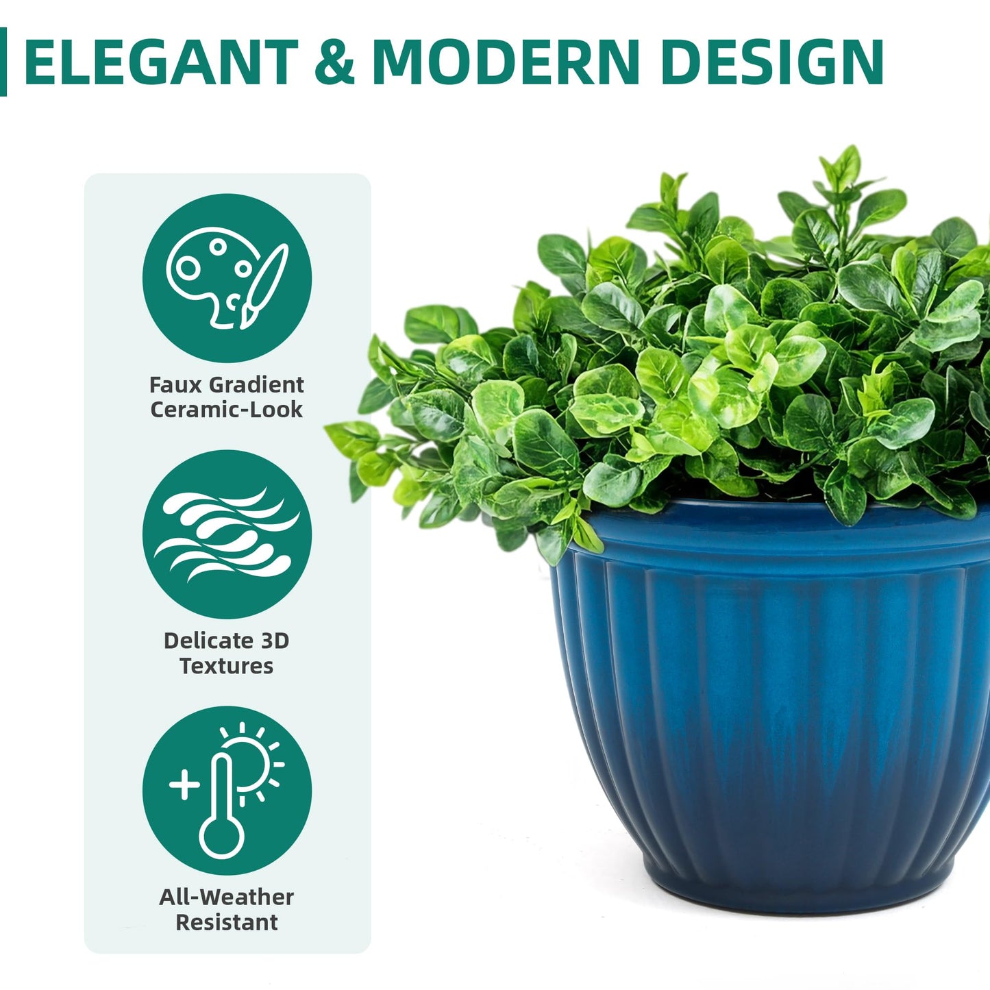 Autodaya 15" Large Flower Pots, Set of 2 Plastic Planters for Outdoor Indoor Plants with 3D Textures, Weather-Resistant for Porch, Garden, Patio or Indoor Use, Gradient Cobalt Blue