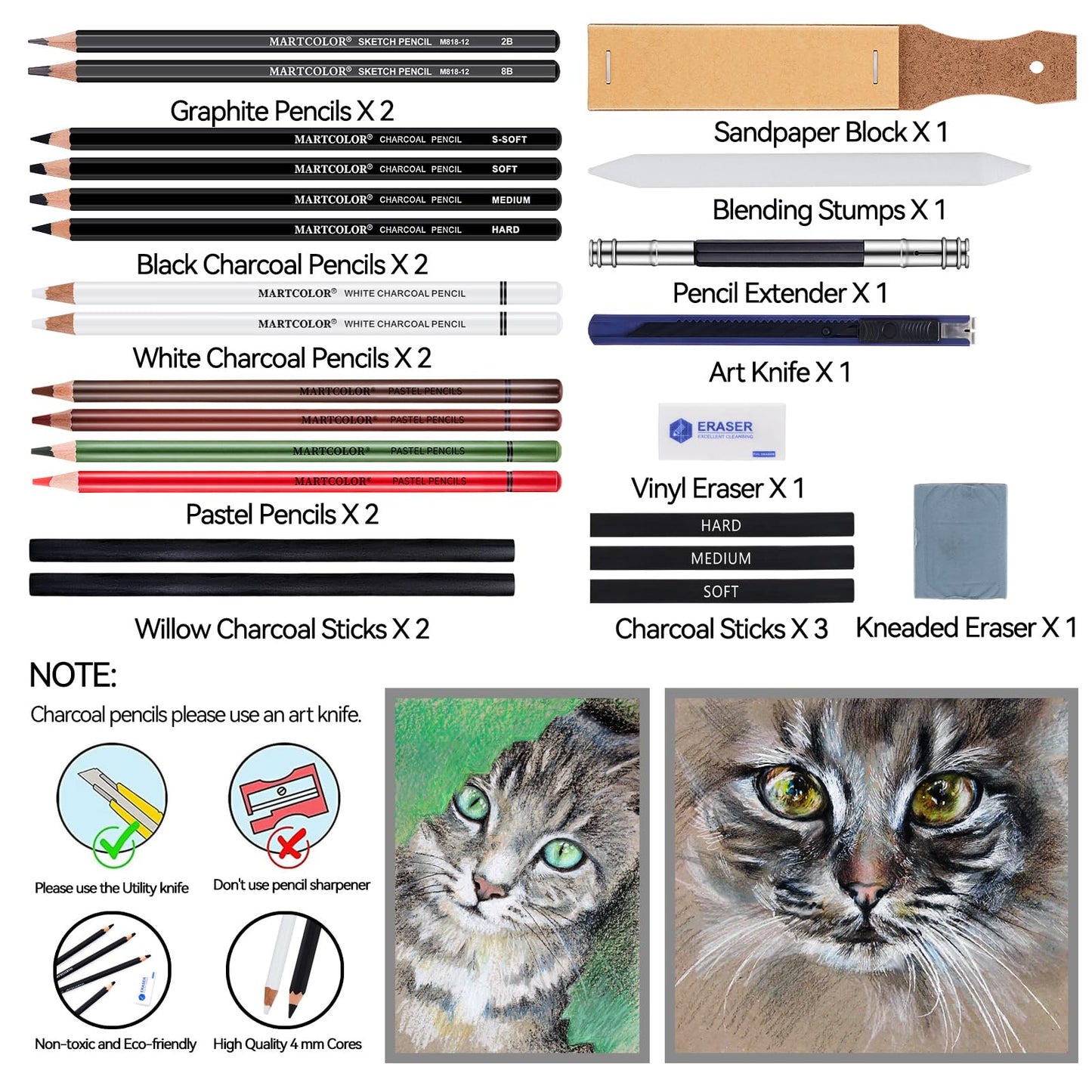 MARTCOLOR Charcoal Drawing Set, Set of 23, Graphite Pencils, Black & White Charcoal Pencils for Drawing, Sketching, Shading, Blending, Artist Pencils for Beginners & Pro Artists ﻿