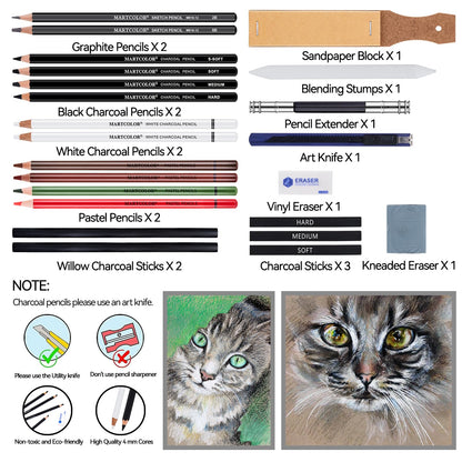 MARTCOLOR Charcoal Drawing Set, Set of 23, Graphite Pencils, Black & White Charcoal Pencils for Drawing, Sketching, Shading, Blending, Artist Pencils for Beginners & Pro Artists ﻿