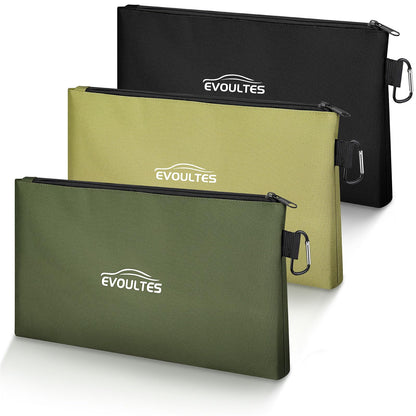 EVOULTES 12 Inch Tool Pouches with Zipper, Small Tools Bags with Carabiner, Multi Purpose Utility Organizer Bags for Tools (3 Pack in Tan, Navy Green, Black)