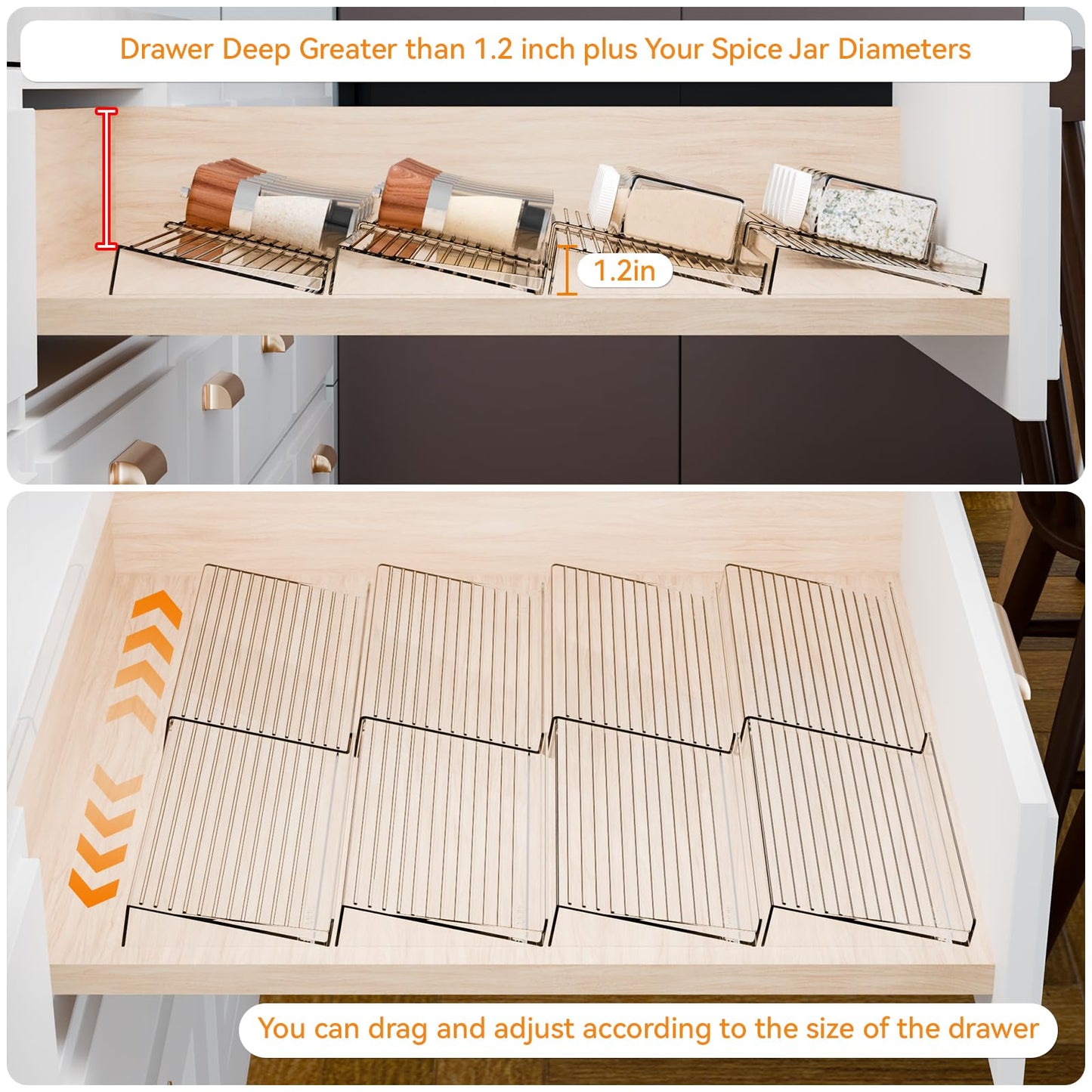 Yieach 8 Pack Adjustable Narrow Spice Rack for Drawer - Expandable From 9" to 17.7" - Acrylic Drawer Seasoning Organizer,Tiered Clear Spice Tray for Spices,Condiment,Nail Polish and Jar Organization