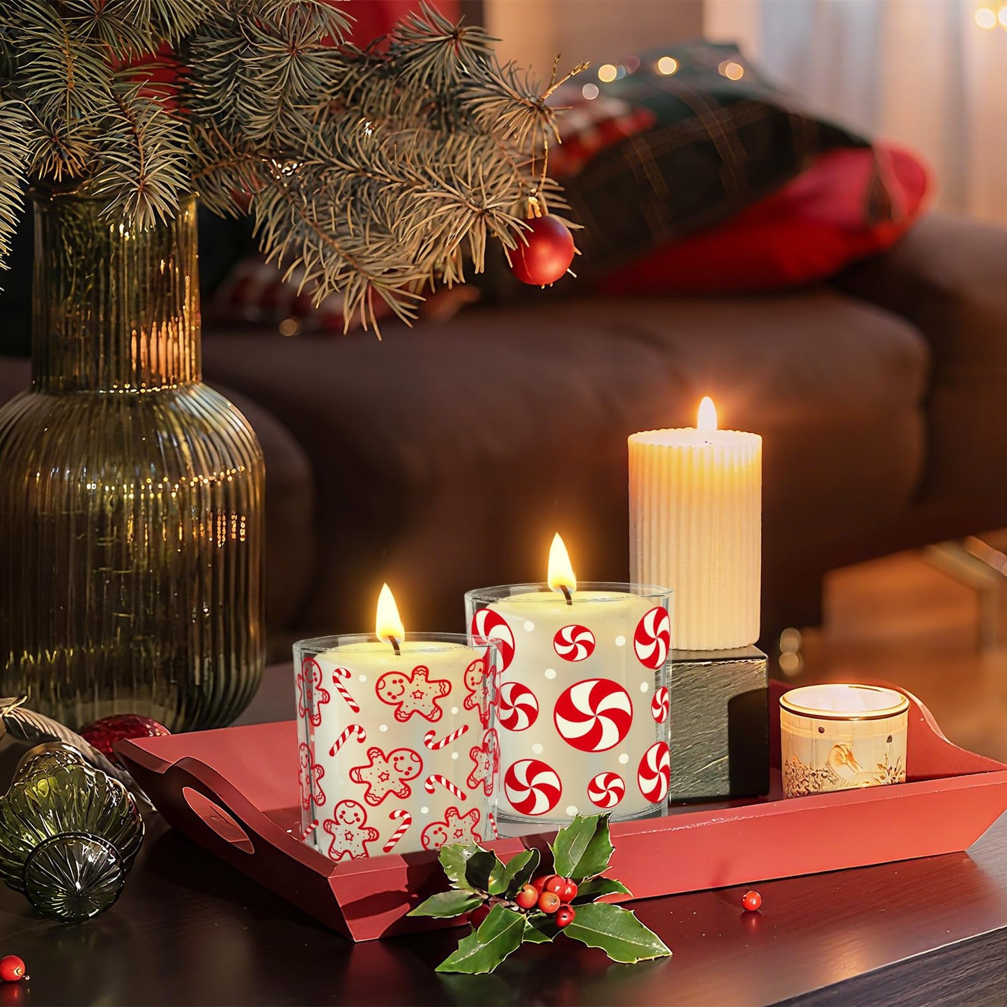 Whaline 12 Pcs Christmas Glass Candle Jars with Cork Lids Red Peppermint Gingerbread Candy Cane Clear Empty Container for Candle Making Storing Xmas Holiday Party Decor