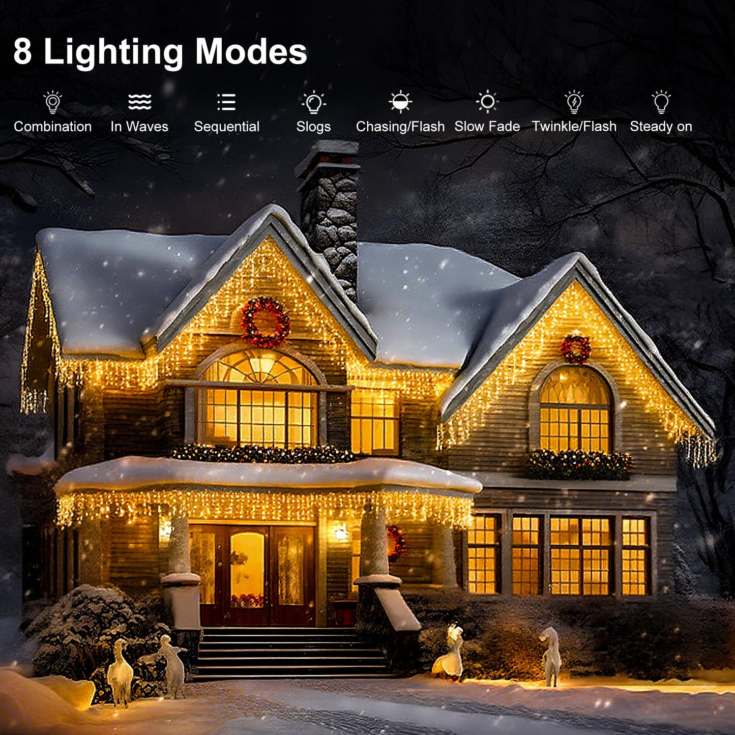 LED Icicle Lights for Outdoor Christmas Decorations,118Ft 1200 LEDs Christmas Fairy Light with Timer&Memory Function,8 Lighting Modes,Plug in hanging Curtain Lights for Xmas Party Wedding(Warm White)