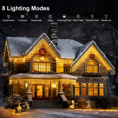LED Icicle Lights for Outdoor Christmas Decorations,78.7Ft 800 LEDs Christmas Fairy Light with Timer&Memory Function,8 Lighting Modes,Plug in hanging Curtain Lights for Xmas Party Wedding(Warm White)