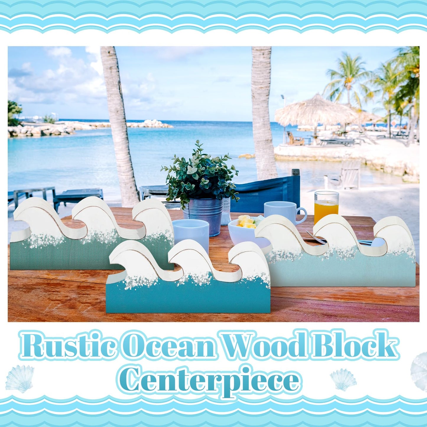 Qunclay 3 Pcs Coastal Table Decor Wooden Waves Ocean Decor Summer Beach Tiered Tray Blue Wave Sign Centerpieces for Table Home Office Bedroom Nursery