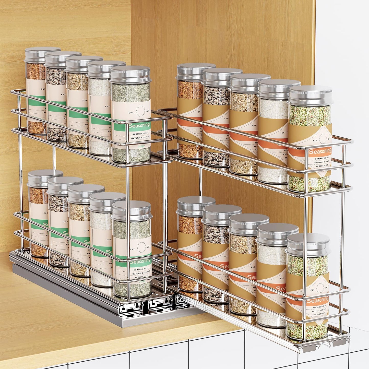 Pull Out Spice Rack Organizer for Cabinet, Slide Out Spice Racks, Easy to Install, 2.1''Wx10.35''Dx8.26''H, 3 Drawers 2 Tiers(Black)