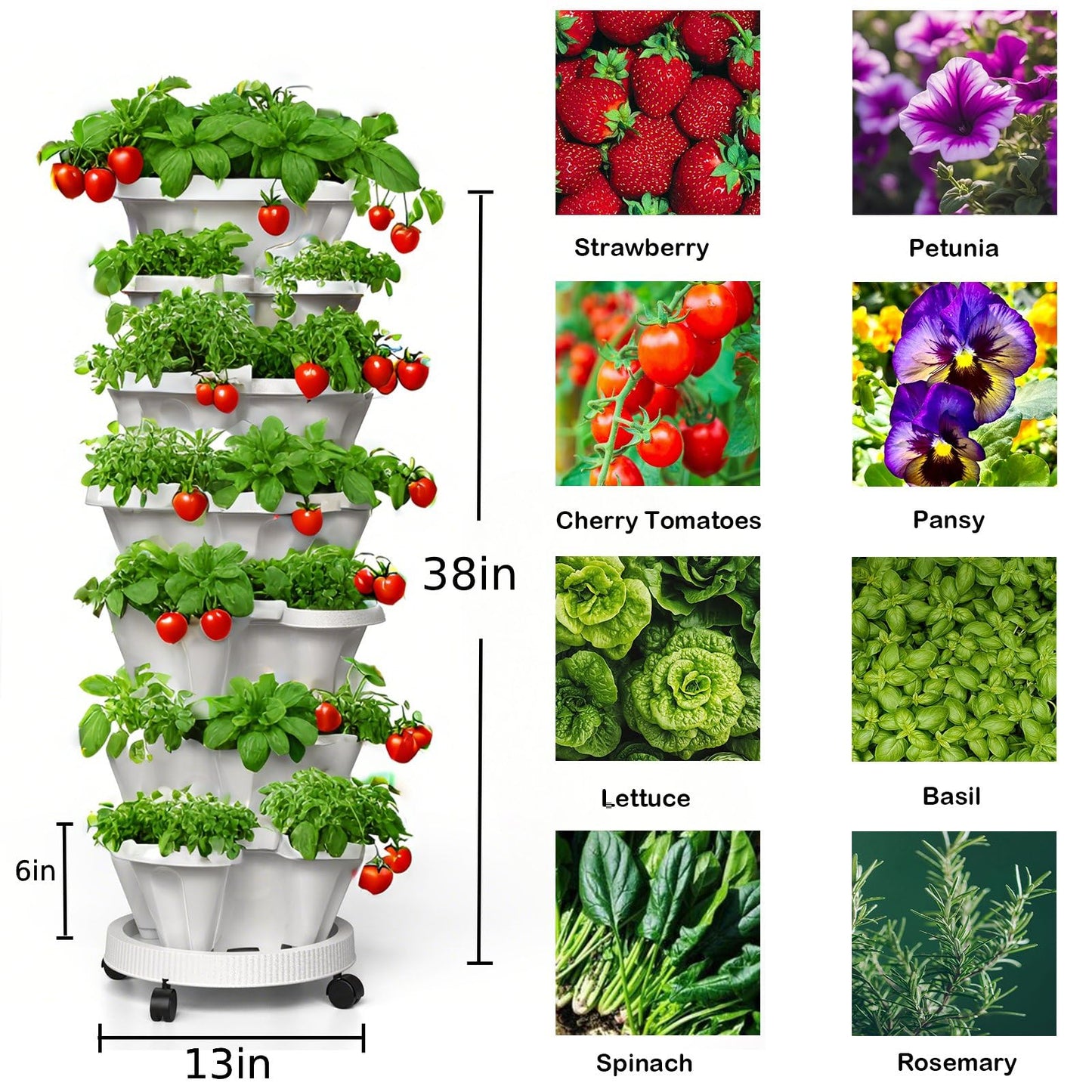 Lykvrii 7 Tiered Strawberry Planters 3 Pack, Vertical Stackable Planter, Herb Stacking Tower Garden, Flower and Vegetable Planters with Support Pole Indoor & Outdoor with Removable Wheels Dark Grey