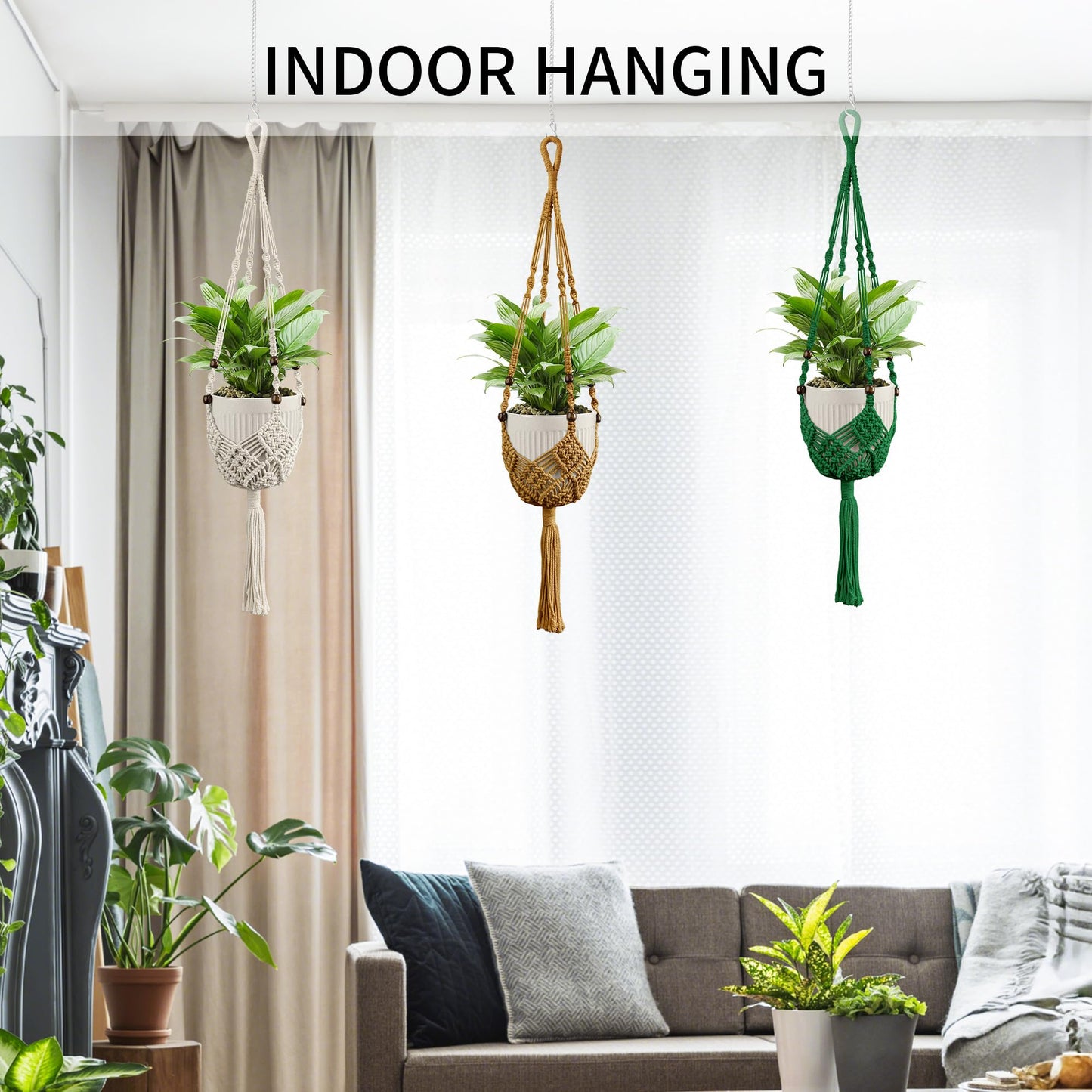 IDEEEPAN Macrame Plant Hanger - Fits 3 to 6 inches Pots for Indoor Outdoor, 35 Inch, Set of 2, Ivory (POTS NOT Included)