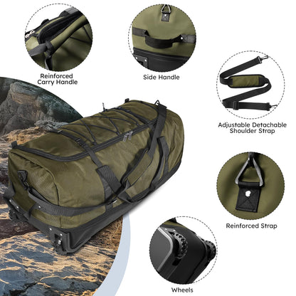 Vrtisa 110L Expandable to 140L 32” Foldable Oxford Soft-Sided Rolling Duffle Bag with 2 Heavy-Duty Wheels,2 Large Compartments,Adjustable Shoulder Strap and Attached Organizer Pouch,Green