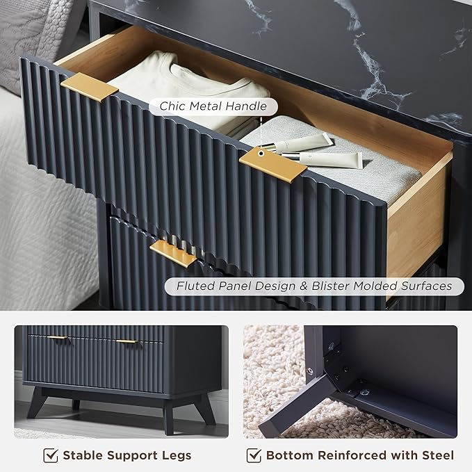 T4TREAM Fluted 3 Drawers Nightstand, Oversized Extra Large Modern Side Table