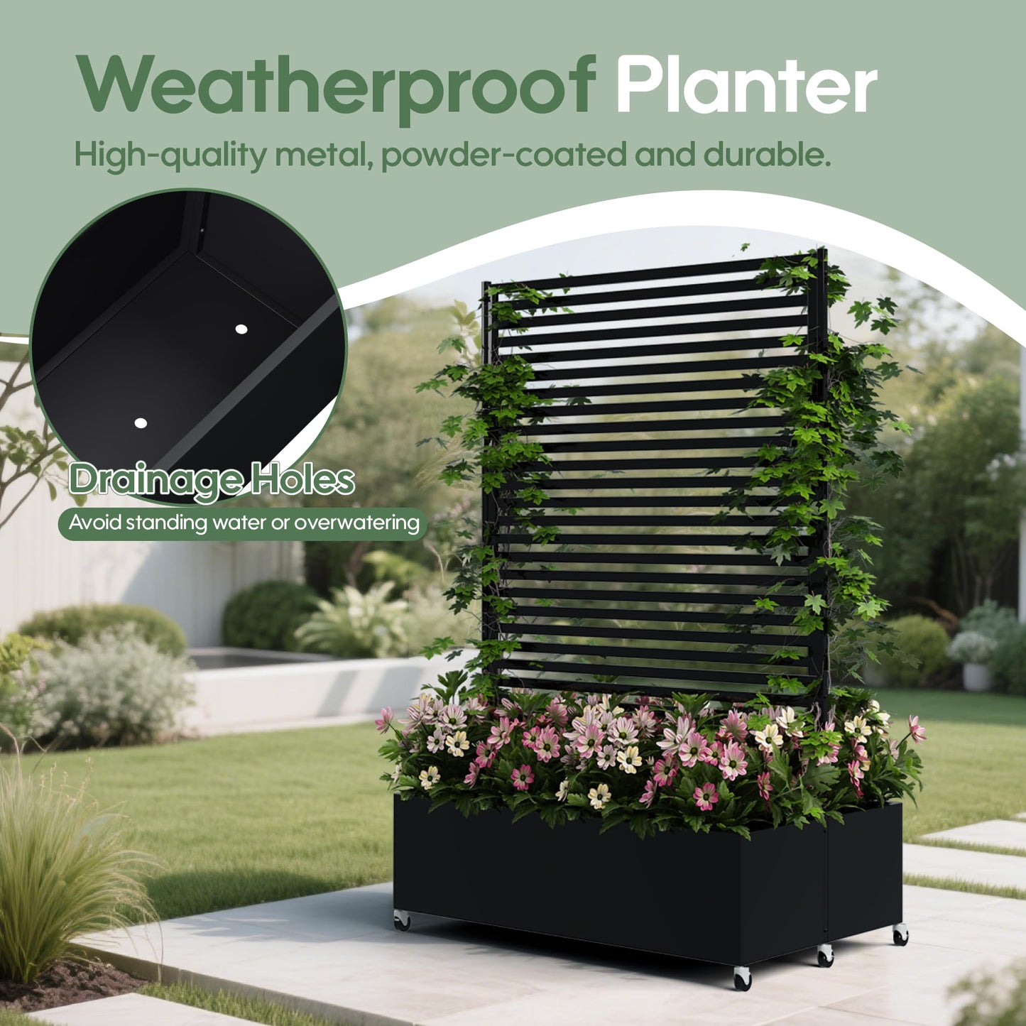 Sunnibety Double Metal Planter Box with Trellis Privacy Screen, Raised Garden Bed with Trellis & Wheels, Planter Box Outdoor with Drainage Holes for Climbing Plants, Vines,73"x 47"x 30", Black