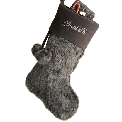 Personalization Universe Personalized Faux Fur Christmas Stocking in Grey - Customizable with Any Name or Monogram, Perfect for Holiday Decorations, 20" L x 8" W, 100% Polyester, Spot Clean Only