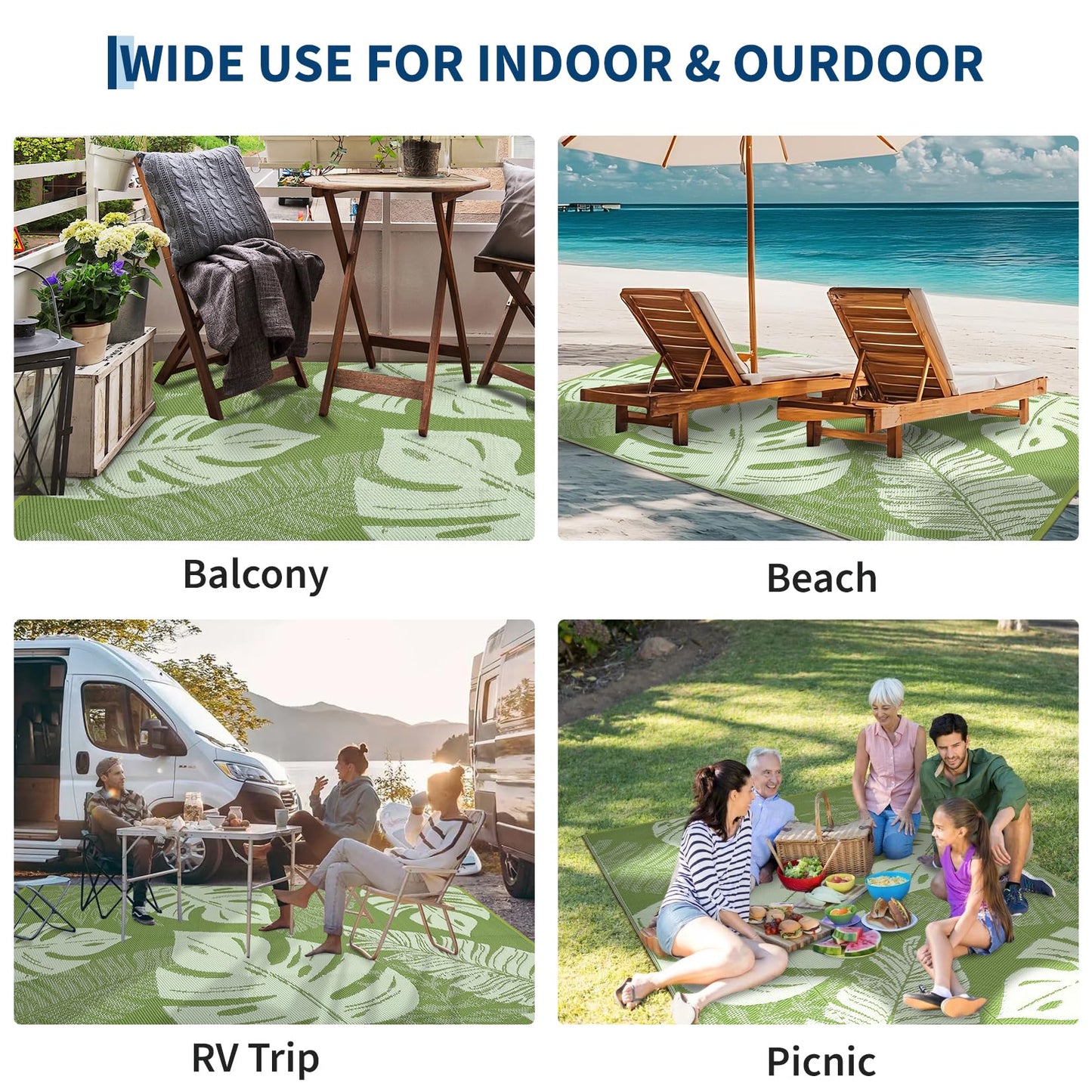 Garvee 9x18 Outdoor Rug Waterproof Reversible Mat Leaf Tropical Patio Rug with 4 Stakes and Starage Bag Portable Outdoor Straw Plastic Area Rug for Camping Porch Deck Rv Balcony Backyard Beach, Sage