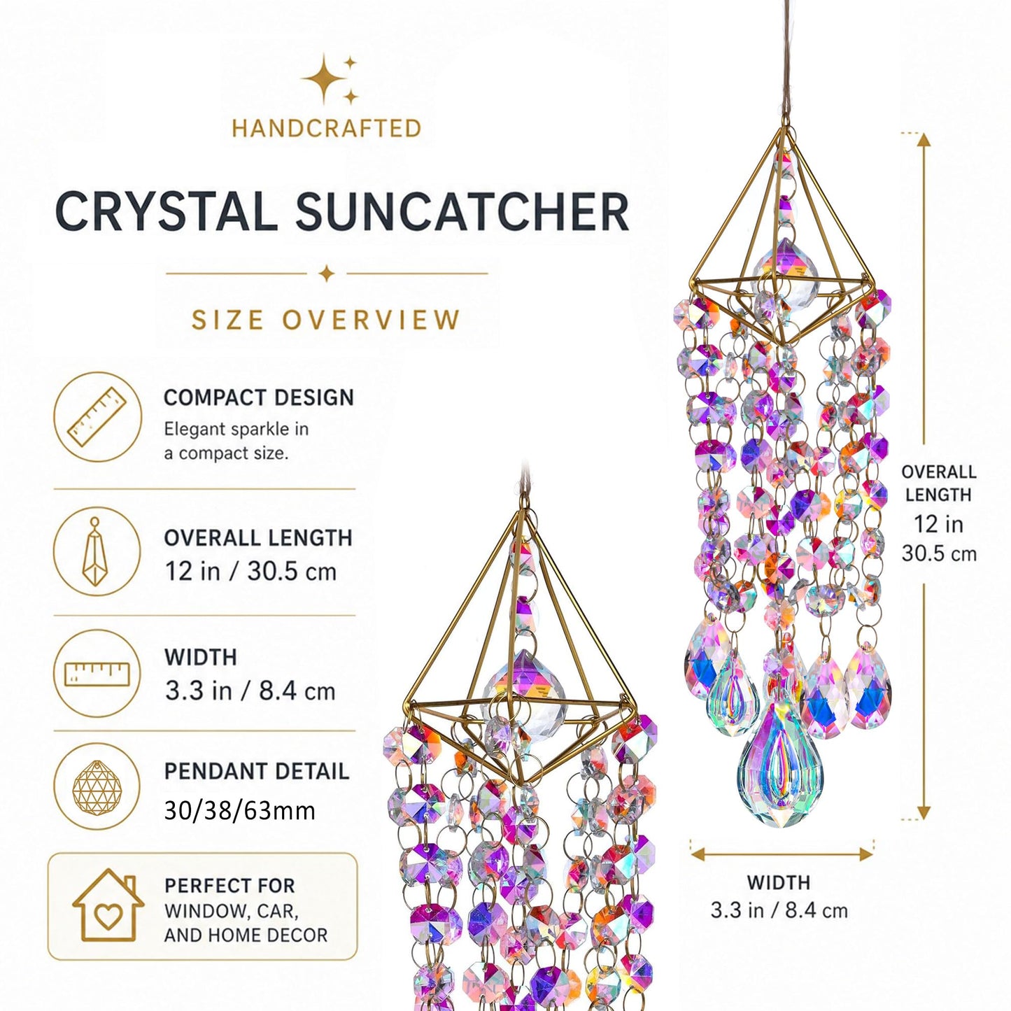 HDCRYSTALGIFTS Crystal Suncatchers for Window Hanging Glass Wind Chime Style Garden Sun Catchers with Crystals Prisms Rainbow Maker Indoor Outdoor Decor Handmade Gold Plated