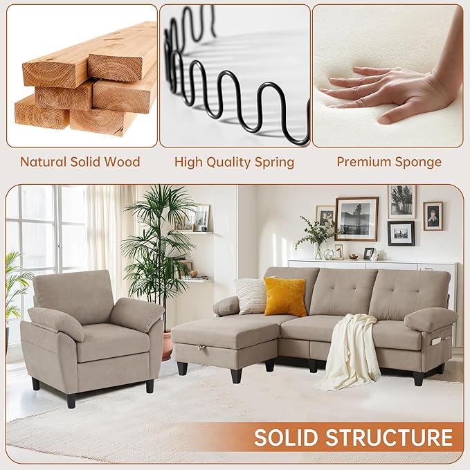 2 Piece Sectional Sofa Set, 3 Seat L Shaped Couches