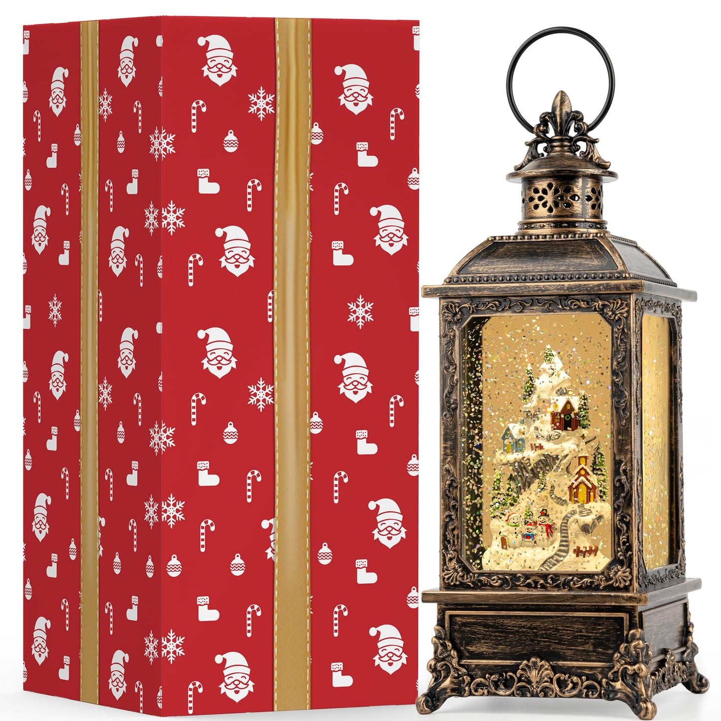 Christmas Snow Globe Lantern Musical Lighted Snow Mountain Snowman Village Water Lantern with Swirling Glitter Decoration for Christmas Home, Living Room, Batter Operated or USB Powered