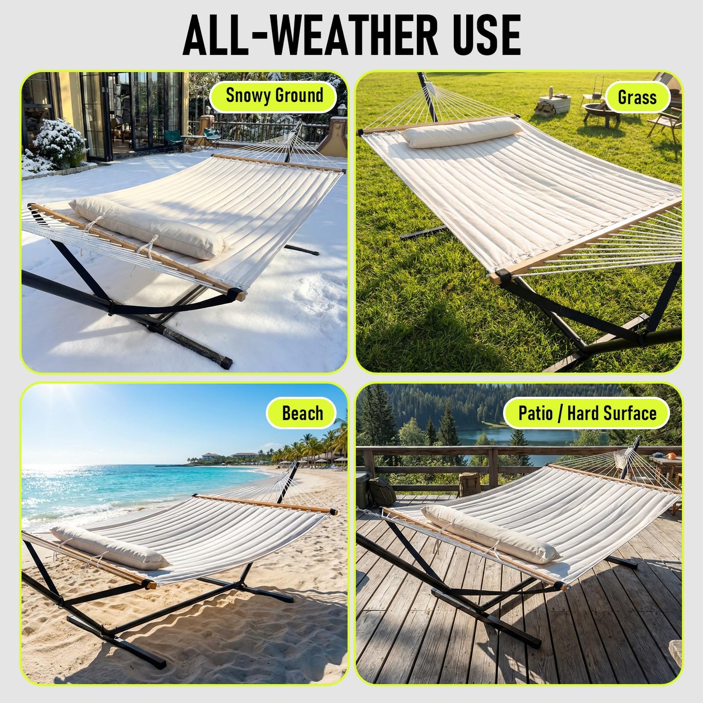 FULIYE Double Hammock with Stand for Outdoor，2 Person Heavy Duty Portable Hammock with Adjustable Steel Stand and Balance Ropes Included – for Patio, Backyard, Garden, Beach((Beige)