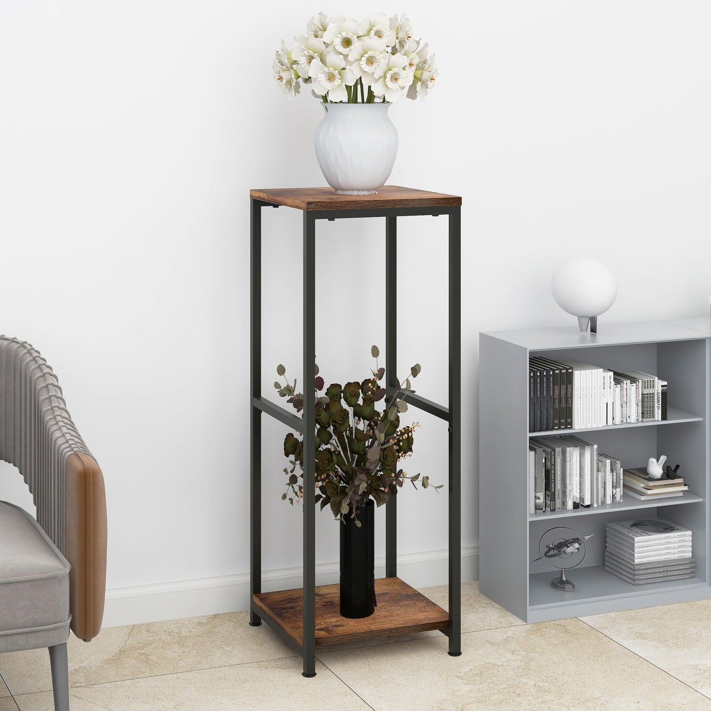 NOAMOO 32 inch Tall Metal Wood Plant Stand, Tier Potted Plant Shelf for Indoor, Flower Pot Holder for Corner Living Room Patio Balcony Garden, Kitchen and Bathroom Display Rack, Brown
