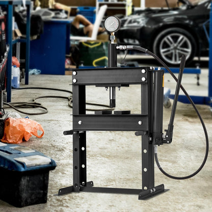 10 Ton Hydraulic Shop Press with Pressure Gauge & Plate, Heavy Duty H-Frame Benchtop Press with Height Adjustable Working Table for Auto Repair, Metalworking, Manufacturing, Black