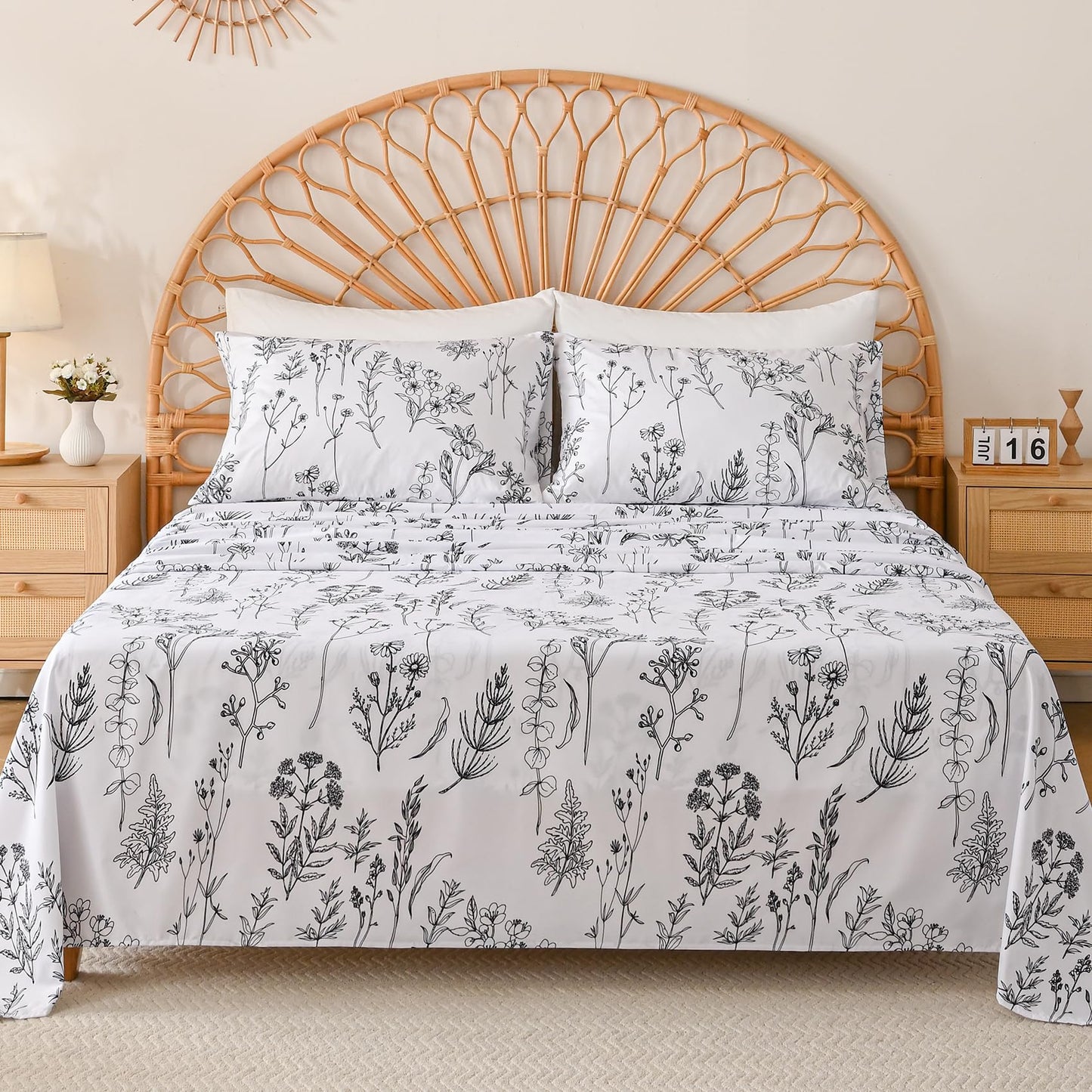 Yibeizi Floral Printed Sheet Set Queen, Boho Botanical Rustic Pattern Bed Sheets Microfiber Bedding Sheets & Pillowcases Soft 15" Extra Deep Pocket Fitted Bedsheet 4 Piece