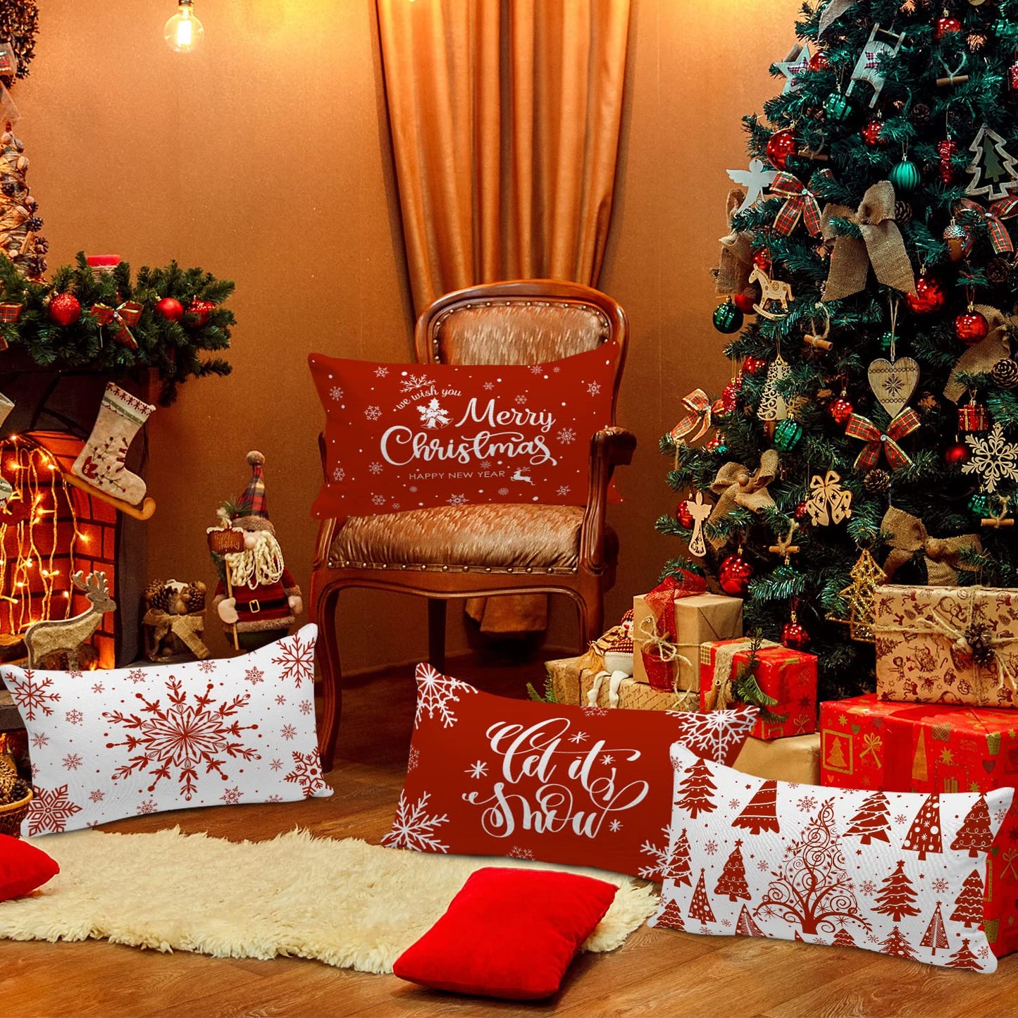 Lanpn Christmas Lumbar Throw Pillow Covers 12x24 Set of 4, Merry Christmas Winter Xmas Snowflake Decorative Holiday Cushion Pillow Cases 12 x 24 for Indoor Farmhouse Home Room Couch Decor (Red)