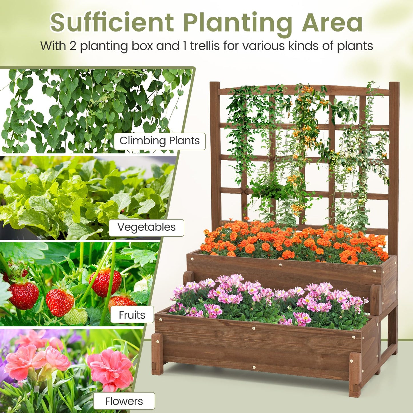Toolsempire 2-Tier Raised Garden Bed with Trellis, Wooden Elevated Planter Box with Legs, Hemp Rope & Drainage Holes, Raised Plant Bed for Backyard, Garden, Lawn