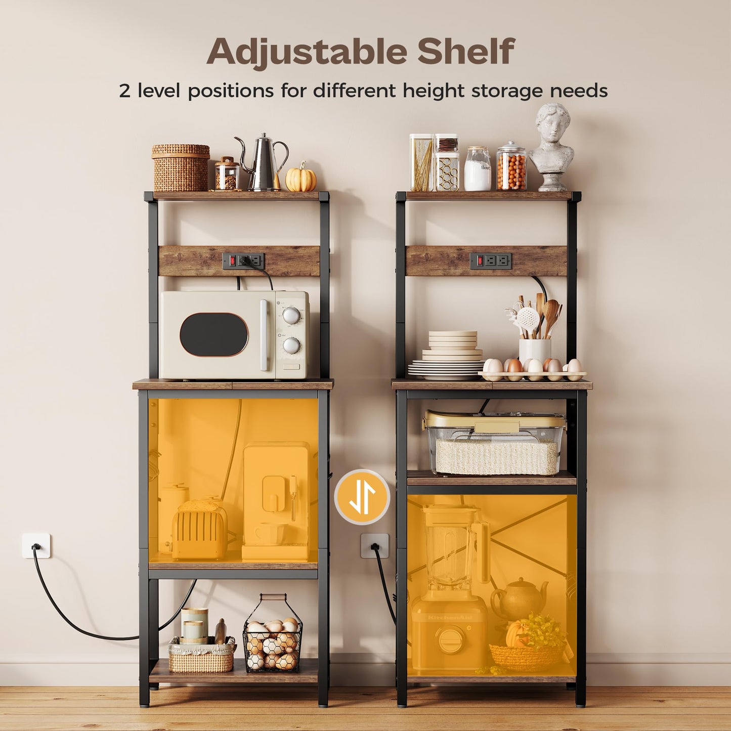 SUPERJARE Kitchen Bakers Rack with Power Outlet, Coffee Bar Table 4 Tiers, Kitchen Microwave Stand with 6 S-shaped Hooks, Storage Shelf Rack for Spices, Pots and Pans - Rustic Brown