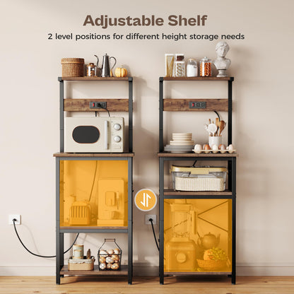 SUPERJARE Kitchen Bakers Rack with Power Outlet, Coffee Bar Table 4 Tiers, Kitchen Microwave Stand with 6 S-shaped Hooks, Storage Shelf Rack for Spices, Pots and Pans - Rustic Brown