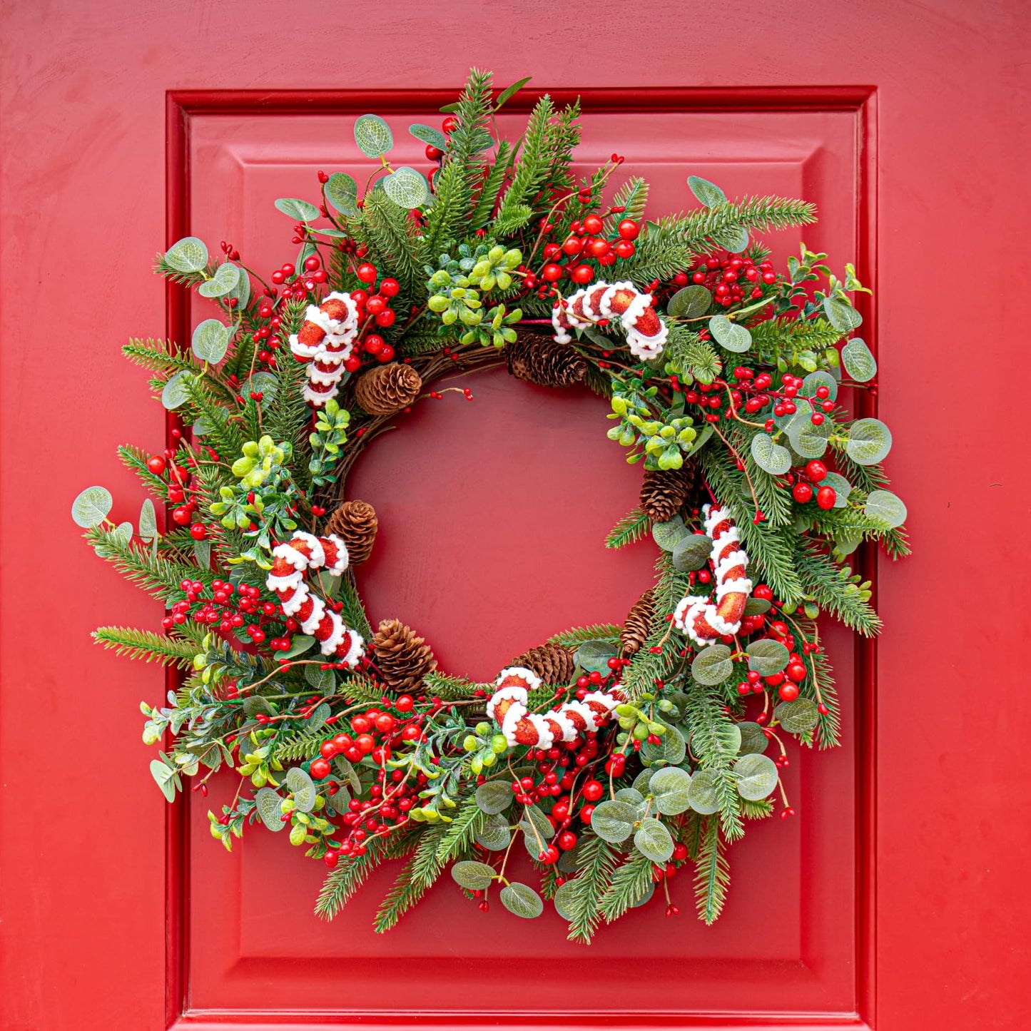 MG MagicGarden Christmas Wreaths for Front Door 20 Inches Artificial Christmas Wreath with Red Holly Berries Pine Needles Pine Cones Candy Canes for Xms Holidays