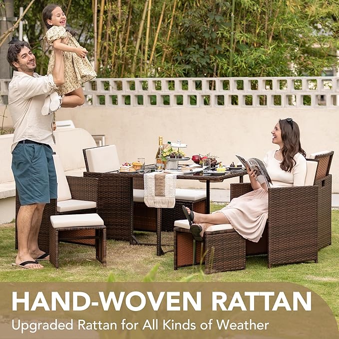 Devoko 9 Pieces Patio Dining Sets Outdoor Space Saving Rattan Chairs