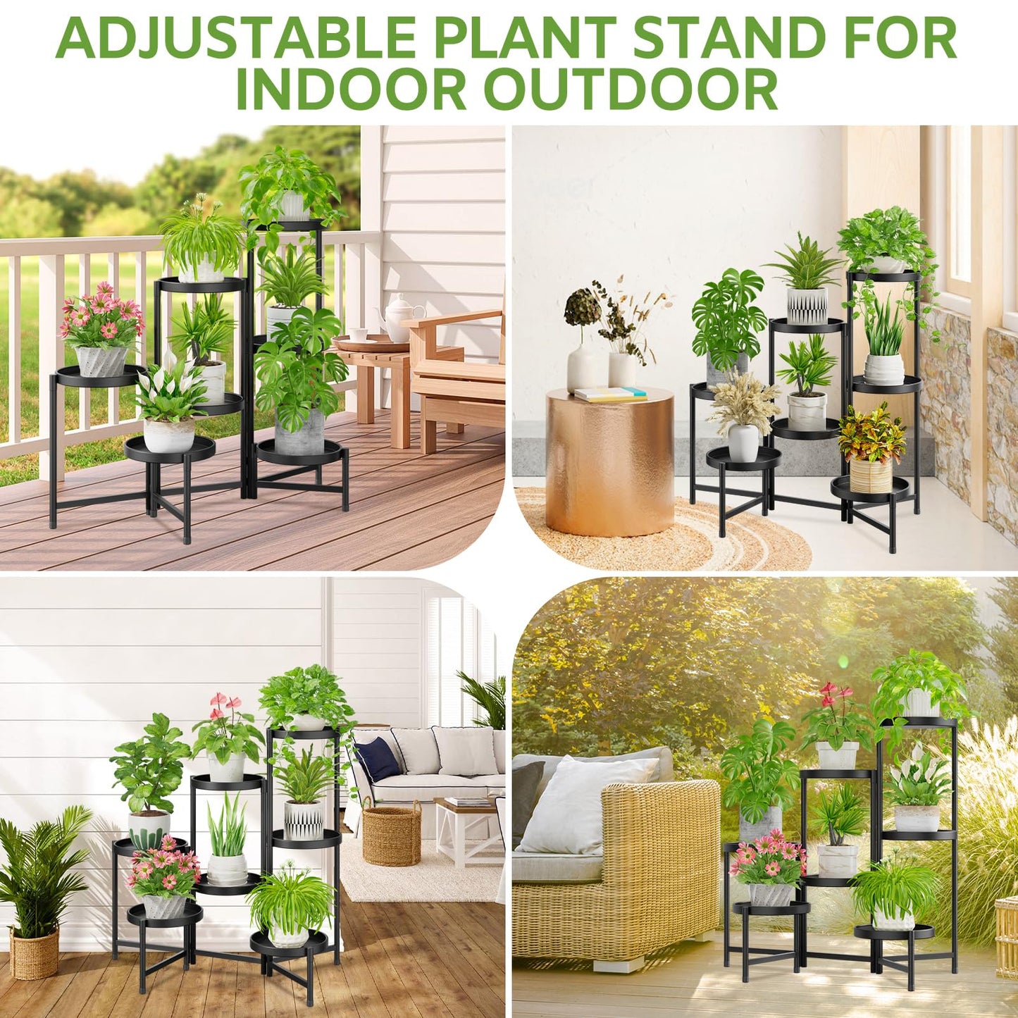 iDavosic.ly 7 Tier Large Plant Stand Indoor with 10 Inch Wide Tray, Tiered Corner Metal Outdoor Flower Display Holder Shelf, Folding Tall Rack for Patio Porch Living Room, Modern Black