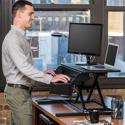 Stand Up Desk Store AirRise Pro Two Tier Standing Desk Converter Monitor Stand with Built-in Keyboard Tray (Black, 32" Wide)