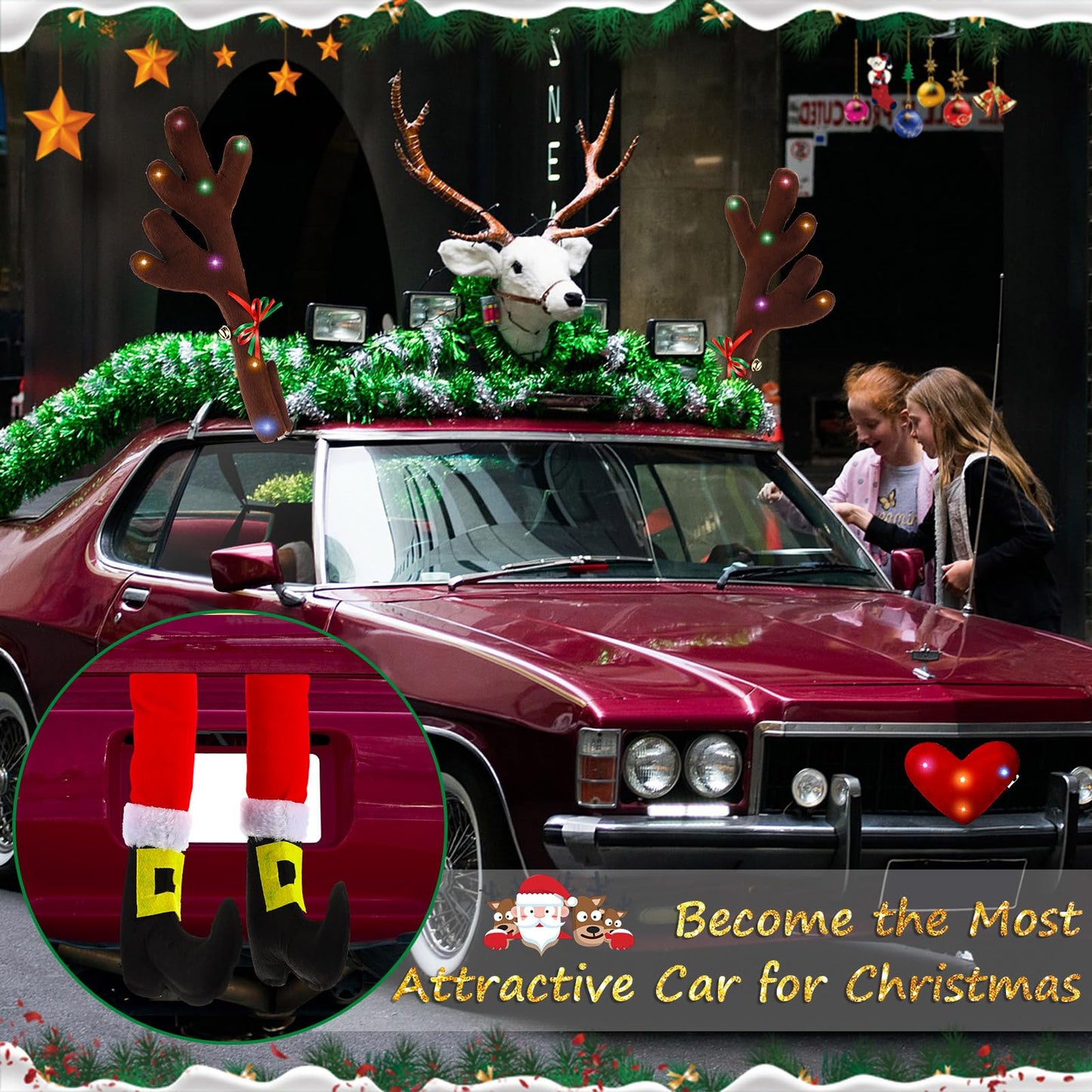 Frienda 2 Pcs Car Reindeer Antler Kit Christmas Decorations with LED Lights Hanging Santa Claus Legs and Deer Nose Star Candy Canes Auto Accessories for Christmas Car Decorations (Cute Style)