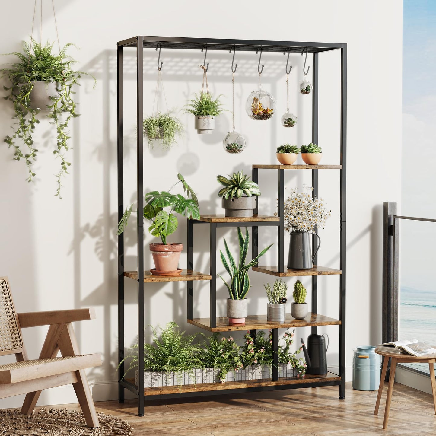 Indoor Plant Stand 5-Tier Tall 70.9", Large Metal Plant Shelf with Hanging Hooks, Multi-Purpose Display Rack, Flower Bonsai Pots Organizer for Garden, Balcony, Living Room, Brown