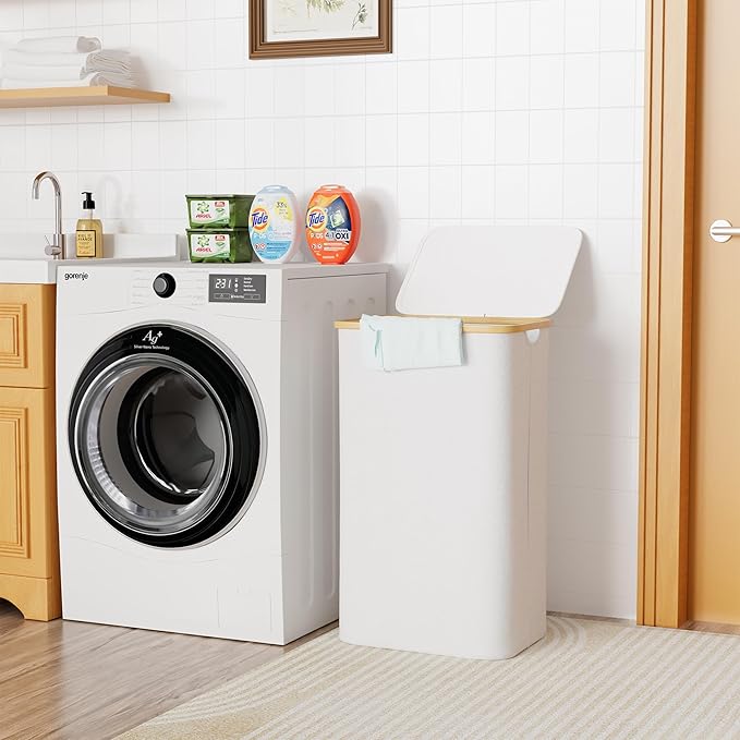 SUOCO Laundry Hamper with Lid, 29 Gal Clothes Basket with Bamboo Handles