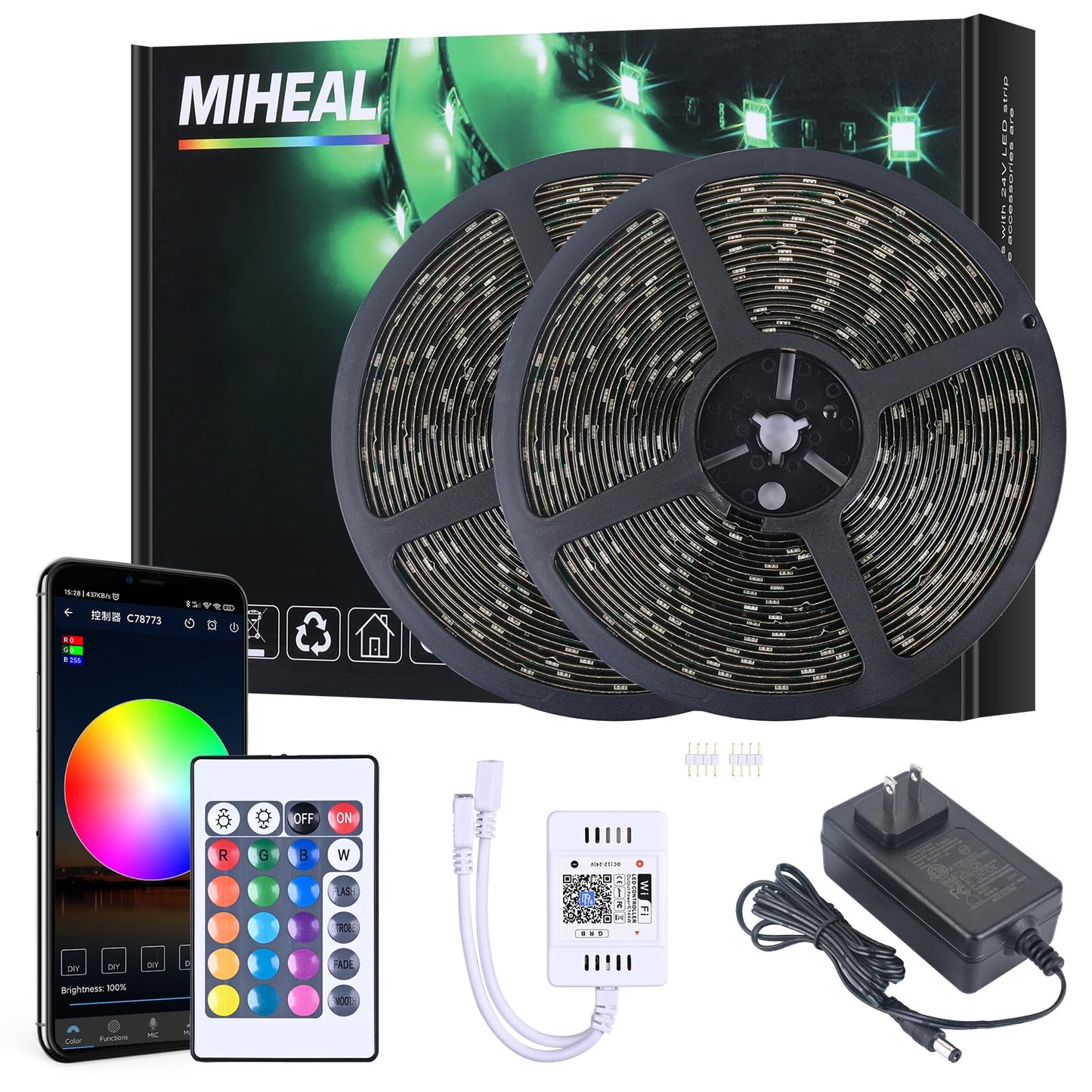 MIHEAL Led Light Strip, WiFi Wireless Smart Phone Controlled 65.6ft IP65Waterproof Strip Light Kit Black PCB 5050 LED Lights,Working with Android and iOS System,IFTTT