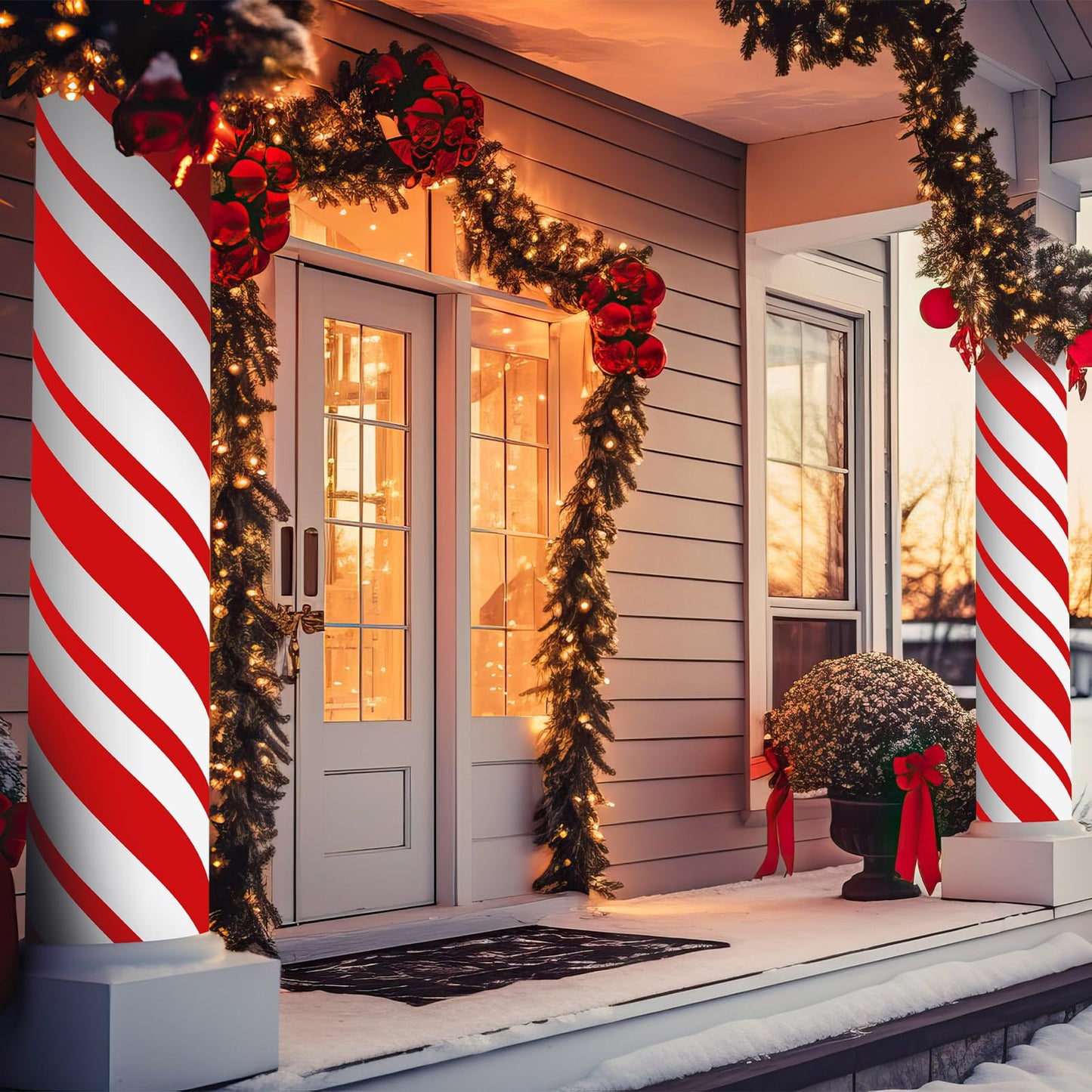 Suncalla 2 Pack Christmas Candy Cane Design Column Wraps 108 x 54 Inch Candy Cane Striped Disposable Porch Column Wraps with 1 Roll Tape Striped Pillar Cover for Fall Halloween Xmas Decor