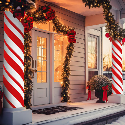 Suncalla 2 Pack Christmas Candy Cane Design Column Wraps 108 x 54 Inch Candy Cane Striped Disposable Porch Column Wraps with 1 Roll Tape Striped Pillar Cover for Fall Halloween Xmas Decor