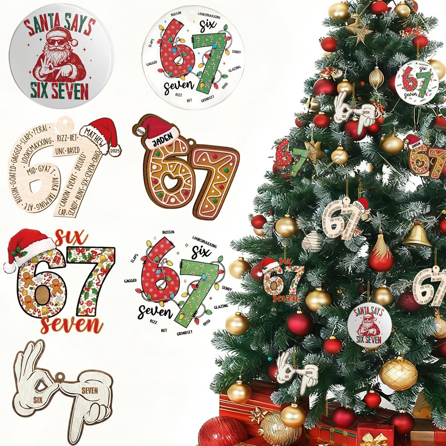 67 Christmas Tree Decoration,7Pcs Fun 67 Christmas Ornament, Cute 67 Ornament Xmas Tree Accessories Christmas Pendants Hanging, Santa Hat Gingerbread Christmas Ornament