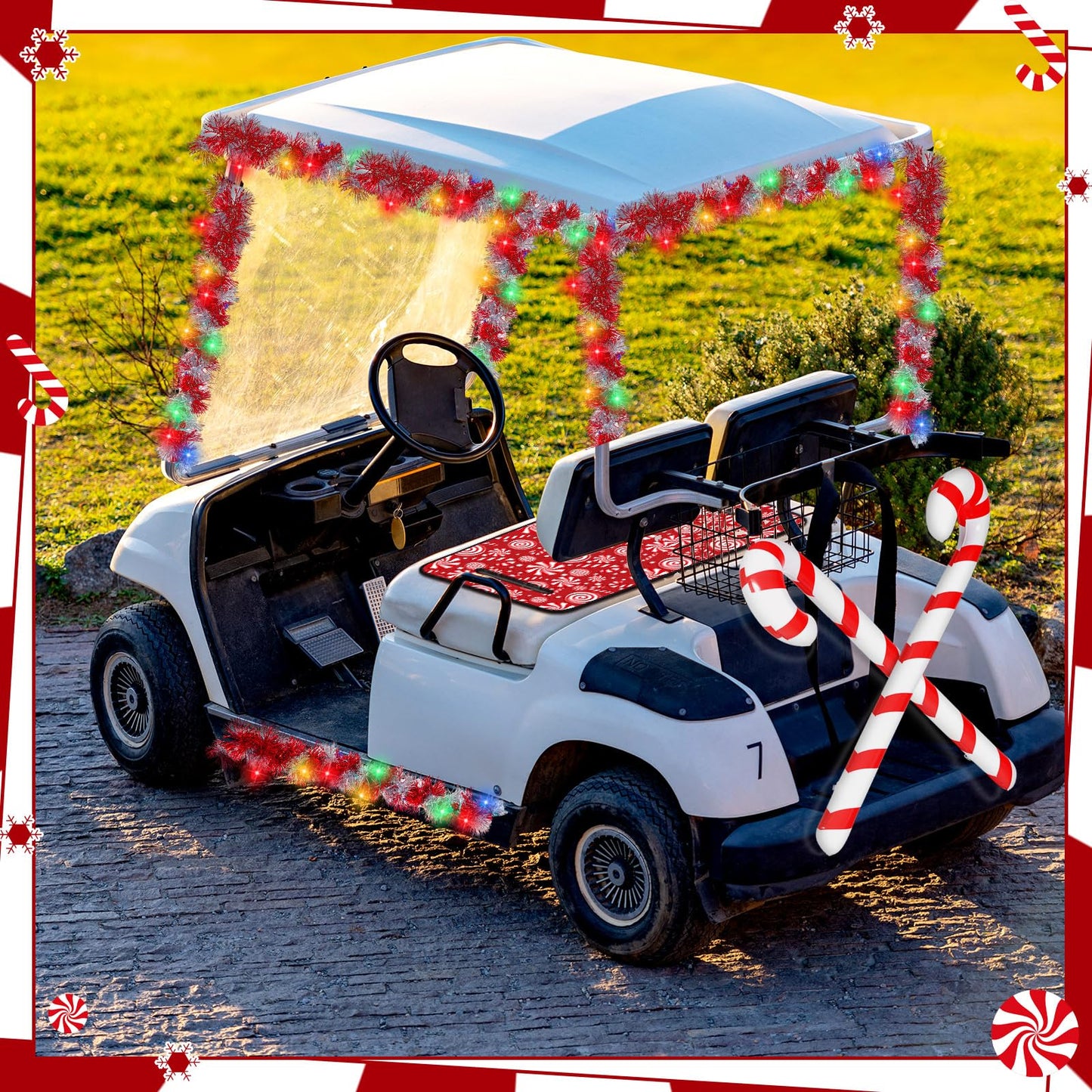 Suncalla 6 Pcs Christmas Golf Cart Decorations Kit Christmas Parade Golf Cart Decor Include Red White Seat Cover Tinsel Garland Candy Canes Balloons and String Lights for Holiday Decoration