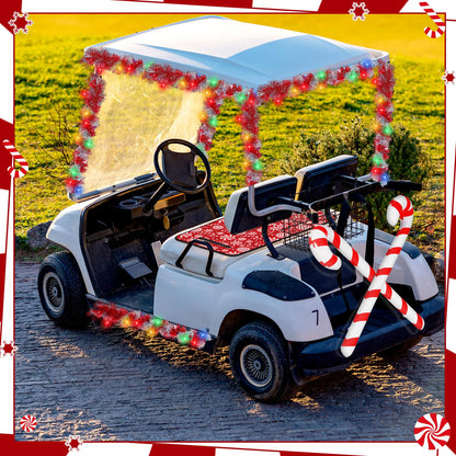 Suncalla 6 Pcs Christmas Golf Cart Decorations Kit Christmas Parade Golf Cart Decor Include Red White Seat Cover Tinsel Garland Candy Canes Balloons and String Lights for Holiday Decoration