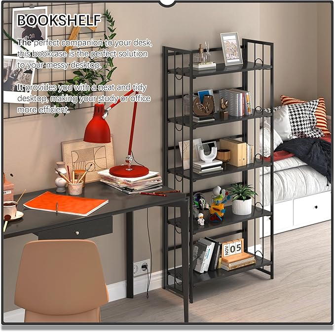 4NM No Assembly 5 Tiers Folding Bookshelf, 59.4" H Foldable Storage Shelves