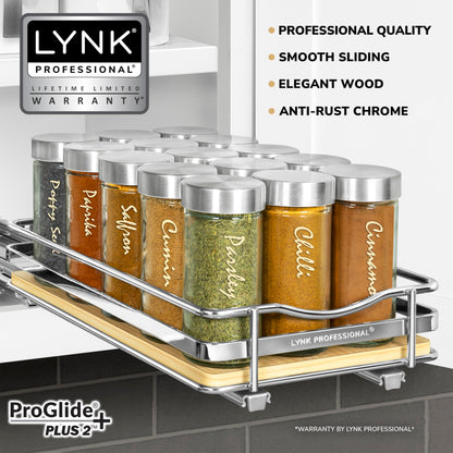 LYNK PROFESSIONAL® Pull Out Spice Rack Organizer for Inside Kitchen Cabinets - 4-1/4 inch Wide - Slide Out Drawer – Chrome Sliding Spice Cabinet Organization Shelf Racks - 2 Tier