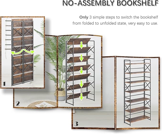 4NM 7 Tiers No Assembly Book Shelves, 72.4" H Folding Bookshelf Bookcase Open