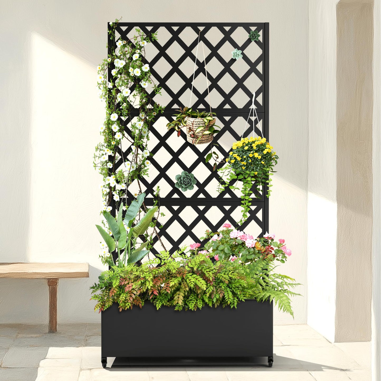 Metal Raised Garden Bed with Diamond Lattice Trellis, Outdoor Planter Box for Climbing Plants Vegetables Vines, Galvanized Garden Box with Drainage Holes and Wheels, Black (35.4"L x 16.7"W x 73.2"H)
