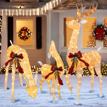 Hourleey 3-Piece Pre-Lit Reindeer Family Set, 3D Plug in 170 Count Warm White Lighted Decoration, Waterproof Outdoor Christmas Deer Decor for Yard, Patio, Lawn, Garden, Party