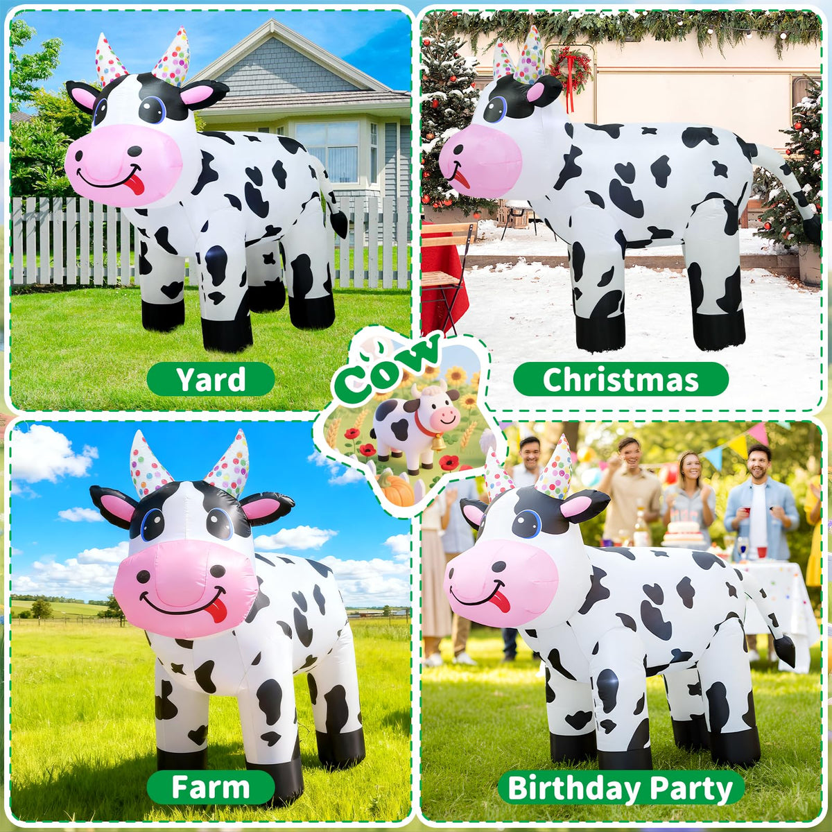 4FT Christmas Spring Farm Ranch Inflatable Cute Farm Cow Blow up Decoration with LED Light Outdoor Indoor Yard Graden Lawn Party Holiday Decor