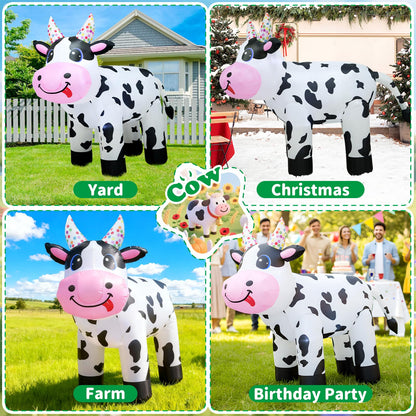 4FT Christmas Spring Farm Ranch Inflatable Cute Farm Cow Blow up Decoration with LED Light Outdoor Indoor Yard Graden Lawn Party Holiday Decor
