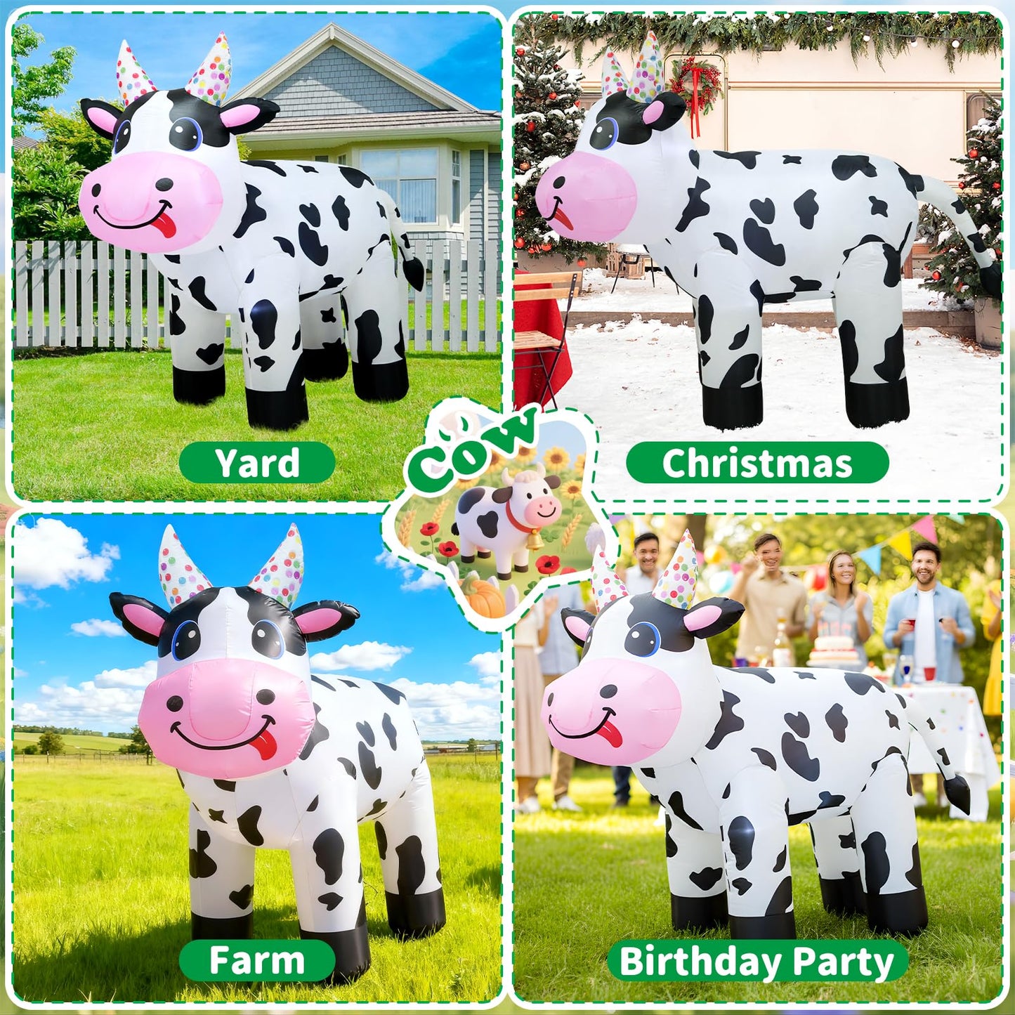 4FT Christmas Spring Farm Ranch Inflatable Cute Farm Cow Blow up Decoration with LED Light Outdoor Indoor Yard Graden Lawn Party Holiday Decor