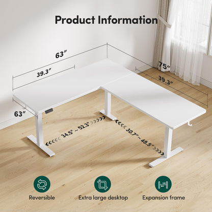 BANTI L-Shaped Standing Desk - 75 x 63 Inch Adjustable Corner Standing Desk with Charging Station - L Shape Sit Stand Table with Memory Controller, Splice Board for Home Office, White
